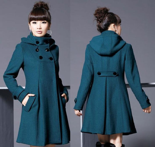 Hooded High Neck Button Slim Long Sleeves Mid-length Coat - May Your Fashion - 2