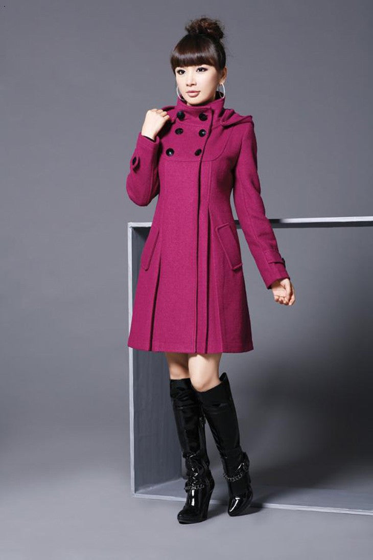 Hooded High Neck Button Slim Long Sleeves Mid-length Coat - May Your Fashion - 7