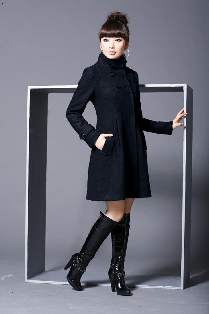 Hooded High Neck Button Slim Long Sleeves Mid-length Coat - May Your Fashion - 5