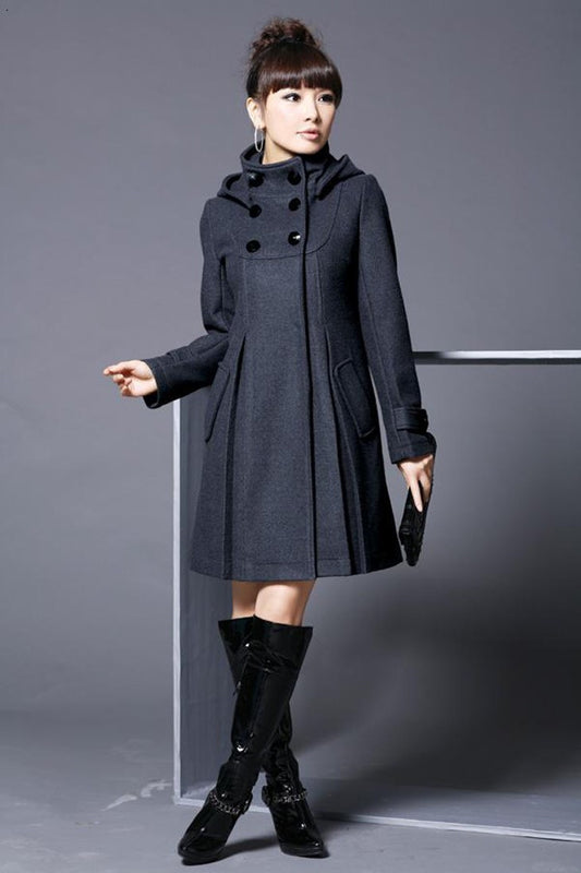 Hooded High Neck Button Slim Long Sleeves Mid-length Coat - May Your Fashion - 1