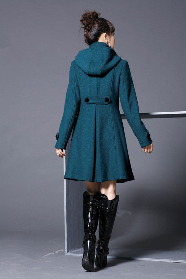 Hooded High Neck Button Slim Long Sleeves Mid-length Coat - May Your Fashion - 8