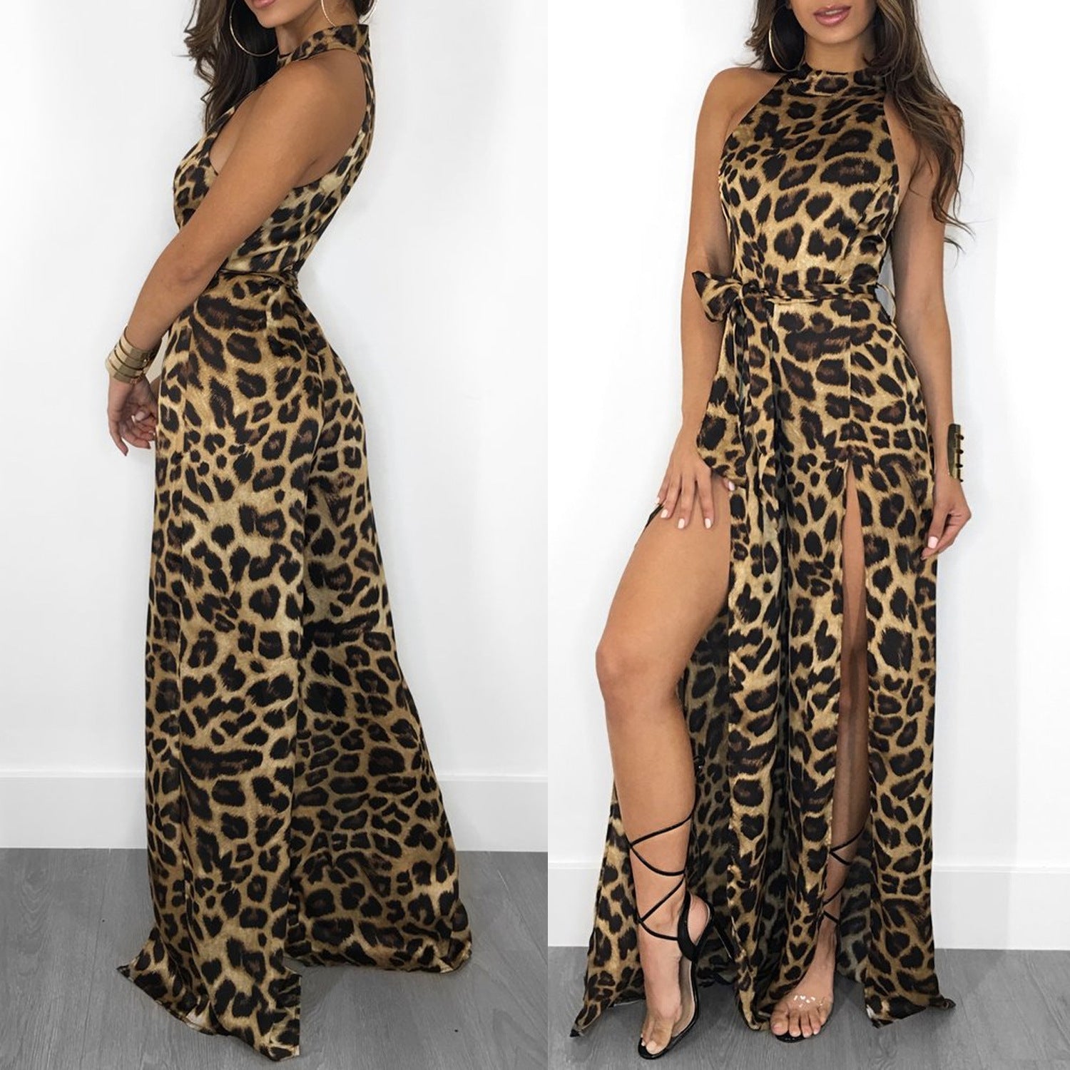 Fashion Sexy Leopard Print Jumpsuit Irregular Dress