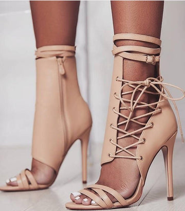 Side Lace Up and Zipper Open-toe Stiletto High Heels Sandals