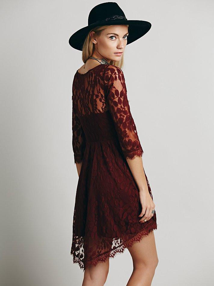 Lace Long Sleeve Pure Color O-neck Irregular Short Dress - Meet Yours Fashion - 5