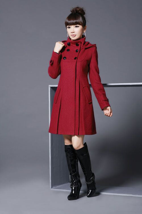 Hooded High Neck Button Slim Long Sleeves Mid-length Coat - May Your Fashion - 4