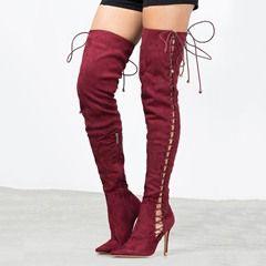Side Straps Lace Up Suede Stiletto Heel Pointed Toe Over the Knee Long Boots