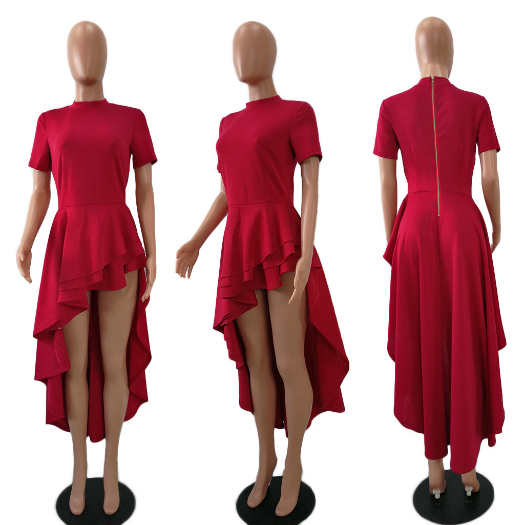 Short Sleeves Solid Color High Waist Irregular Women Long Dress