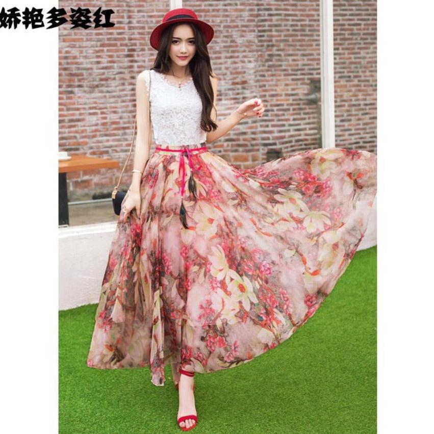 Bohemian Flower Print Chiffon Long Pleated Beach Skirt
