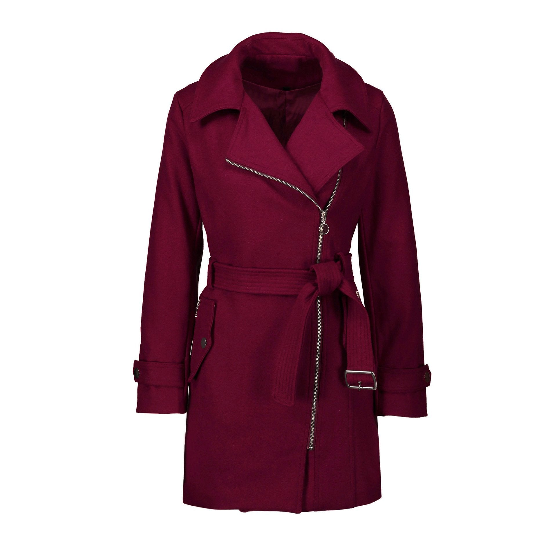Lapel Solid Color Oblique Zipper Women Oversized Trench Coat with Belt