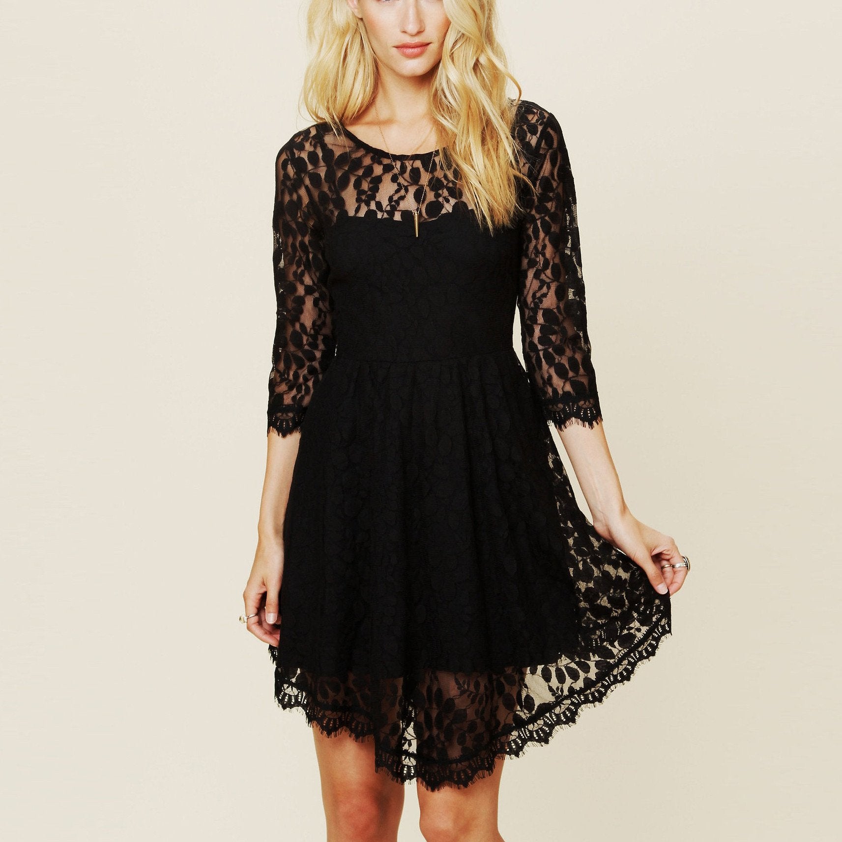 Lace Long Sleeve Pure Color O-neck Irregular Short Dress - Meet Yours Fashion - 2
