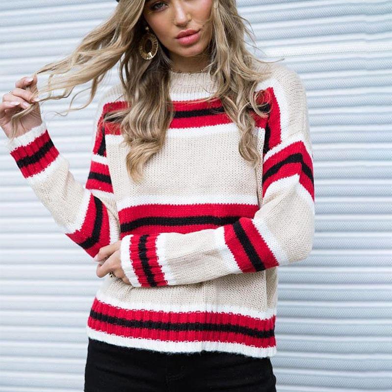 Crew Neck Stripes Women Casual Pullover Sweater