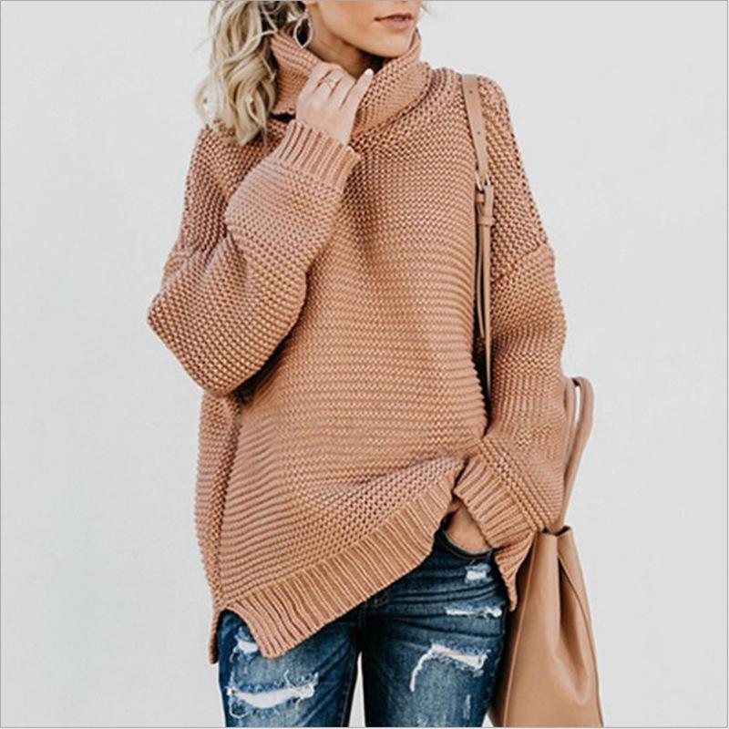 High Neck Loose Batwing Sleeves Solid Color Long Sweater