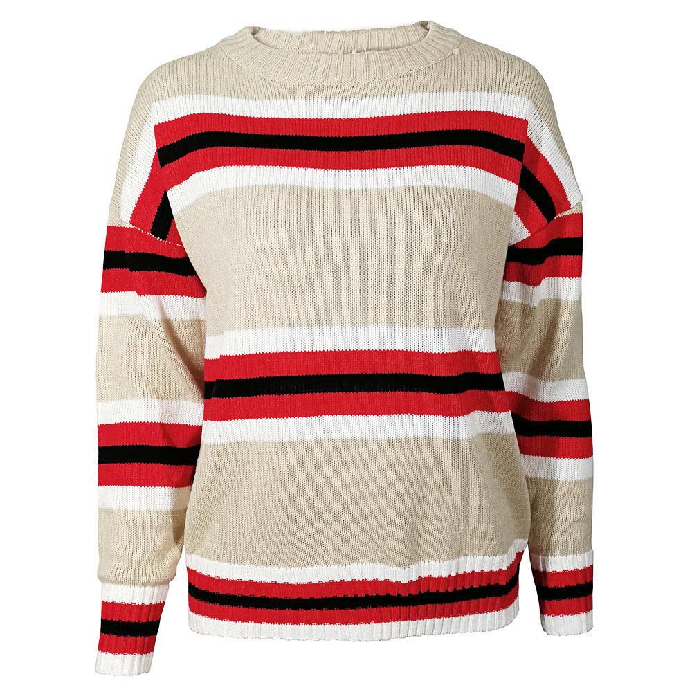 Crew Neck Stripes Women Casual Pullover Sweater