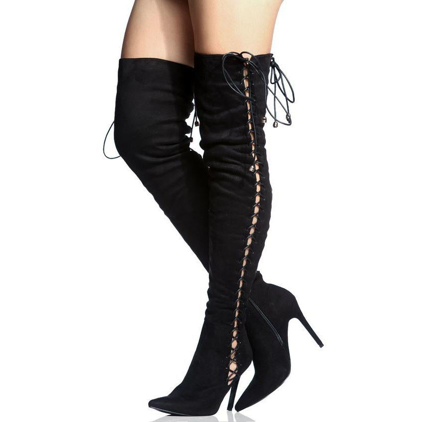 Side Straps Lace Up Suede Stiletto Heel Pointed Toe Over the Knee Long Boots