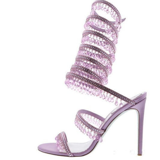 Gemstone-Adorned Sandals | Stiletto Sandals | Wrap Around Ankle Strap Sandals
