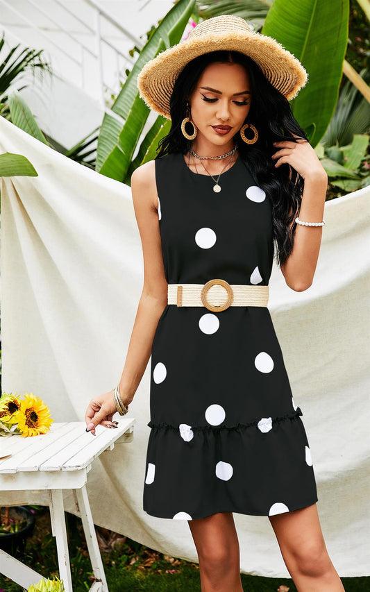 White Polka Print Frill Mini Dress In Black