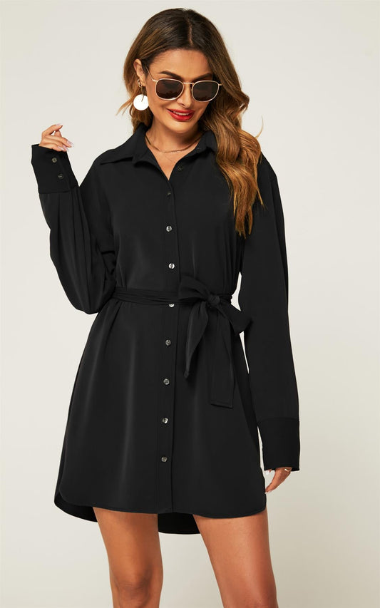 Oversized Rounded Side Split Mini Shirt Dress In Black
