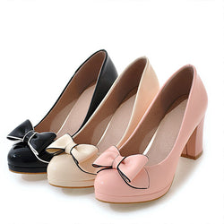 Sweet Candy Colored Low-Cut Bowknot Chunky Heels Shoes