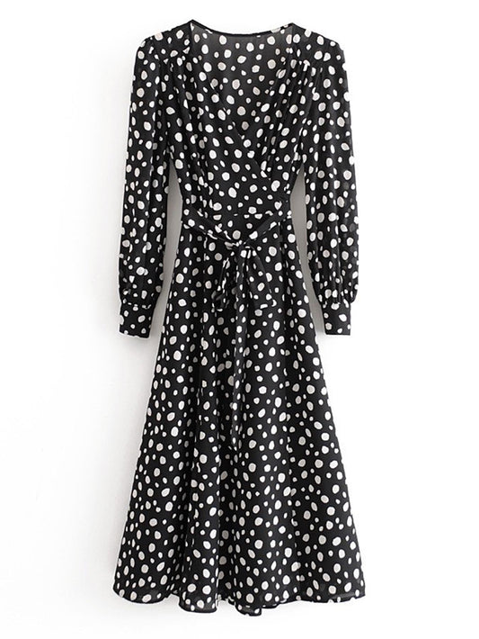Wrap Midi Dress In Black Polka Dot