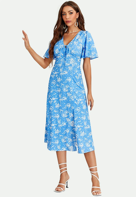 Angel Sleeve Midi Dress In Blue