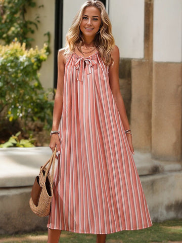 Women's Sleeveless Striped Bow-Tie Neck Maxi Dress