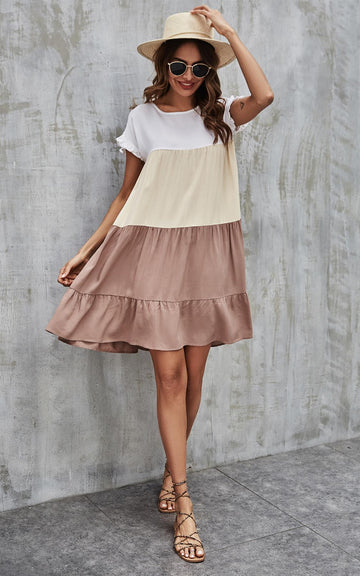 Tiered Smock Dress In White & Cream & Beige