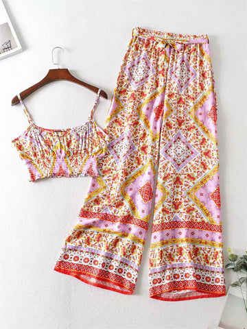Summer Bralet Top And Pants In Pink & Yellov Mixed Print