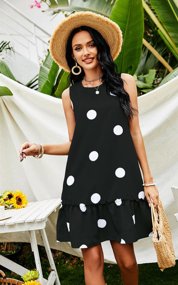 White Polka Print Frill Mini Dress In Black
