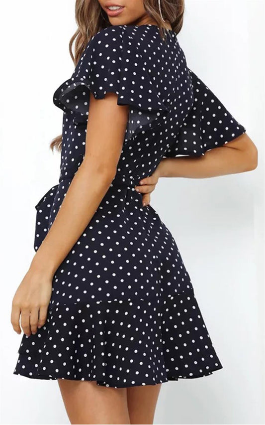 Angel Sleeve Skater Dress In Navy And White Polkadot