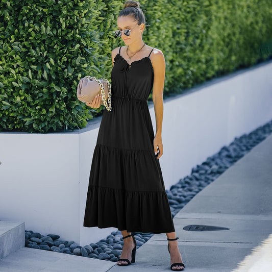 Solid Color Ruffle Hem Strap Dress