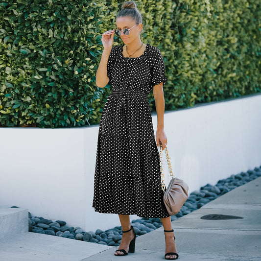 Elegant Polka Dot Ruffle Hem Maxi Dress
