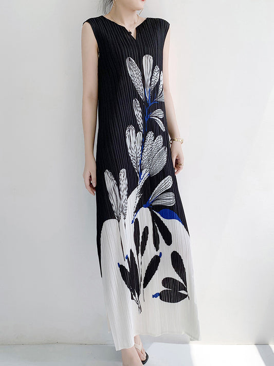 Vintage Dress | Floral maxi Dress | Pleated design Dress | Sleeveless  Dresses | Print Dress