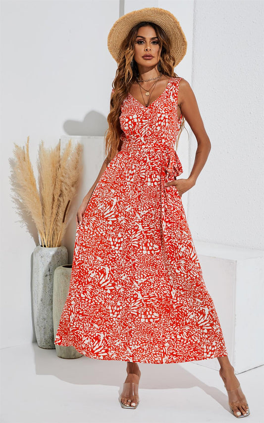 Animal Print Double Sided V Neck Maxi Dress In Red