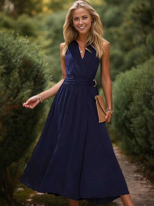Women's Sleeveless V-Neck Wrap Maxi Dress with Belt and High Slit