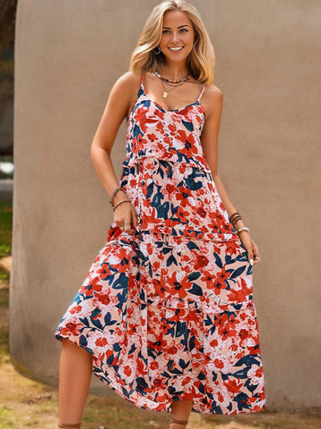 Spaghetti Strap Floral Print Midi Dress with Tiered Skirt