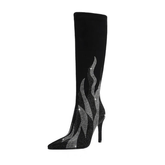 Pointed toe Boots | Knee-high Boots | Rhinestone Boots