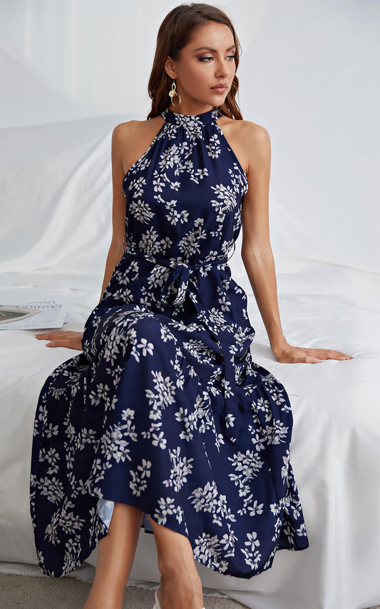 Halter Neck Midi Layer Dress In Navy & White Flora Print