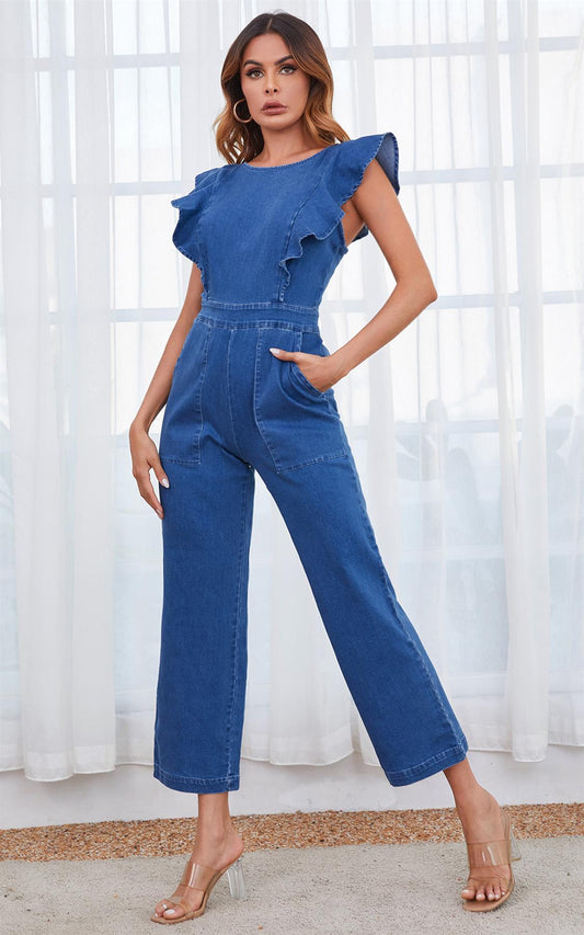 Back Detail Denim Jumpsuit With Ruffle Hem In Blue