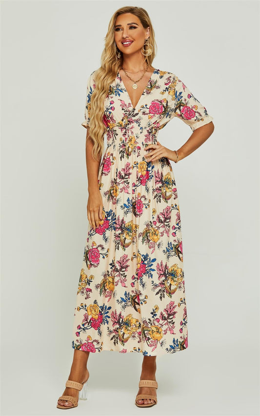 V Neck & Back Detail Boho Dress In Cream Floral Print