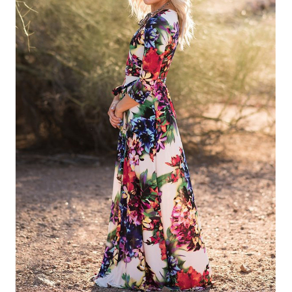 Floral Print V-neck 3/4 Sleeves Long Dress