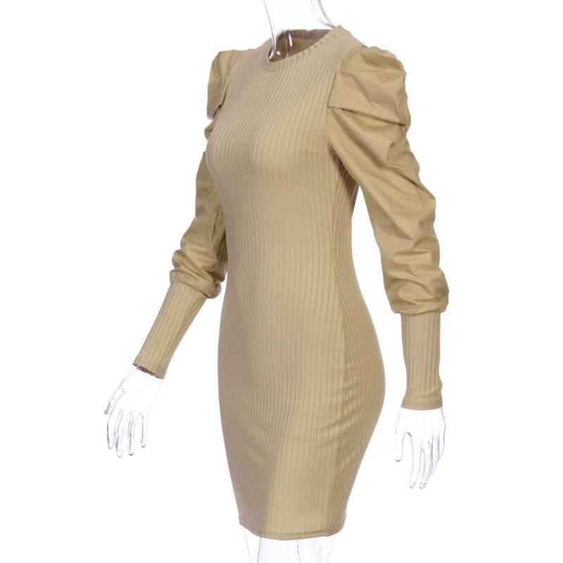 Leg Of Mutton Sleeve Ribbed Short Dress
