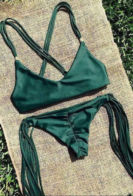Pure Color Cross Spaghetti Strap Tassels Bikini Set