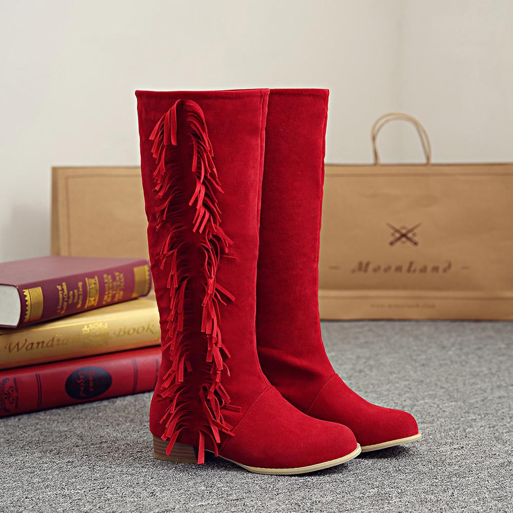 Round Head Tassels Chunky Heel High Boots