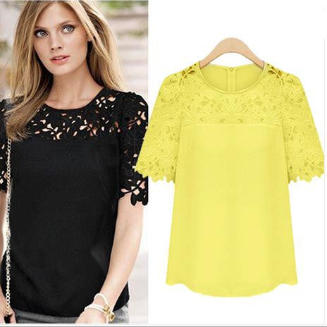 Lace Patchwork Short Sleeves Scoop Hollow Out Chiffon Blouse - May Your Fashion - 3
