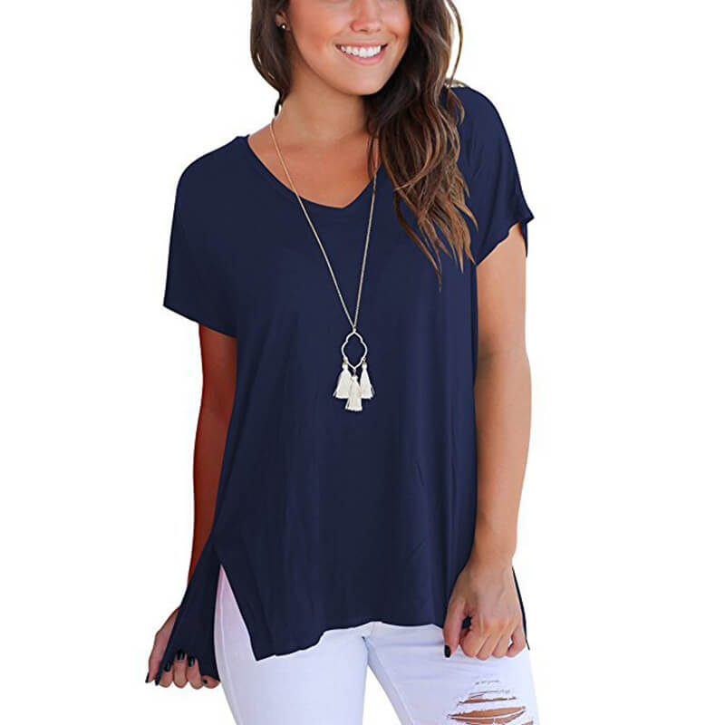 V-neck Loose Pure Color Split Blouse