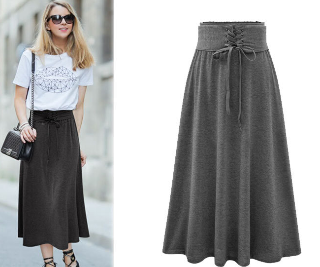 Lace Up Elastic Solid Pleated Long Skirt - May Your Fashion - 4