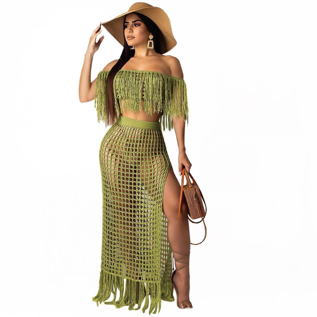 Tassel Off Shoulder Crop Top Irregular MAXI Skirt Set
