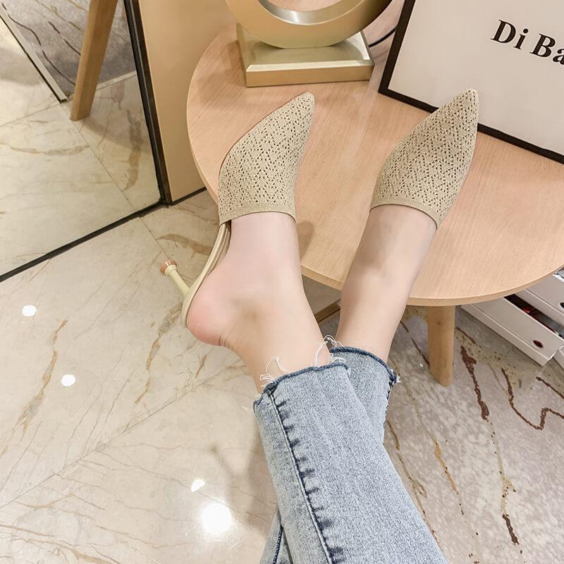 Simple Pointed Toe Kit Heel Cutout Mules Sandals