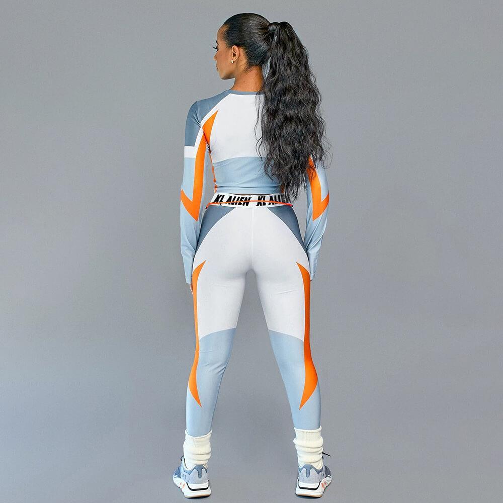 Sexy Color Block Long Sleeve Letter Print Skinny Two Pieces Set