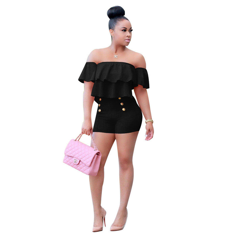 Pure Color Ruffles Strapless Short Sleeves Short Jumpsuit
